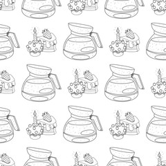 Seamless pattern with outline drawings on the theme of coffee. Cakes and kettle for brewing coffee.