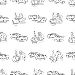 Seamless pattern with outline drawings donuts and cakes.