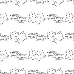 Seamless pattern with illustrations on the theme of coffee. Coffee maker and crackers.