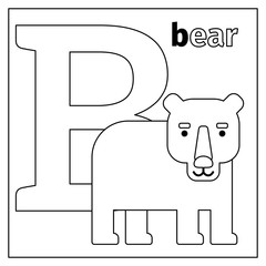 Coloring page or card for kids with English animals zoo alphabet. Bear, letter B vector illustration