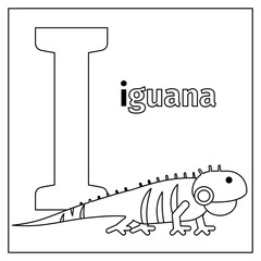 Coloring page or card for kids with English animals zoo alphabet. Iguana, letter I vector illustration