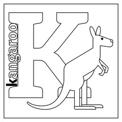 Coloring page or card for kids with English animals zoo alphabet. Kangaroo, letter K vector illustration