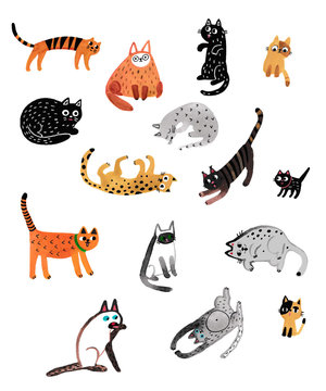 Set of cute cartoon kitties or cats with different colored fur and markings standing sitting or walking.