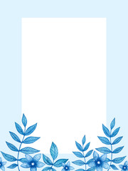 Watercolor blue floral frame with copy space. Wedding invitation and card template