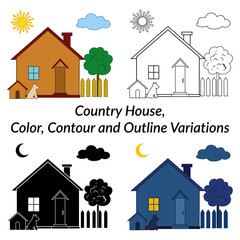 Set of Small Cartoon Country Houses with Dog Kennel and Tree in a Garden, Different Variations, Day, Night, Black and White Contour and Silhouette Isolated on White Background. Vector