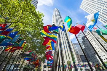  Internationale vlaggen wapperend in Midtown Manhattan, New York City © lazyllama