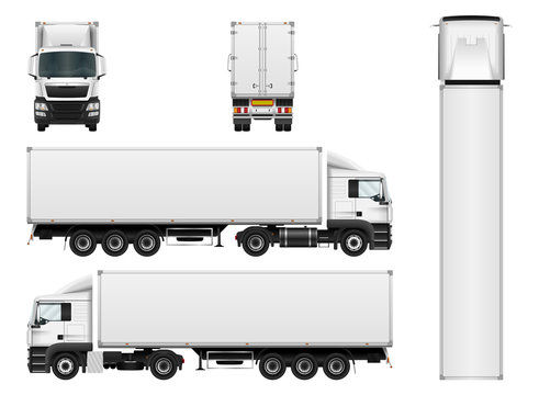 Vector truck trailer template isolated on white background. Cargo delivering vehicle. All elements in groups on separate layers.