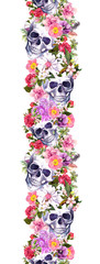 Human skulls with flowers. Seamless border. Watercolor frame