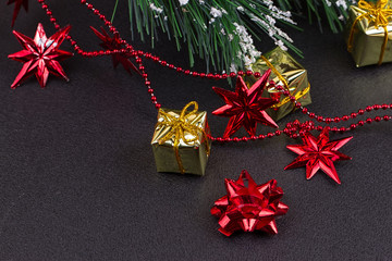 Christmas or New Year dark wooden background, Xmas black board framed with season decorations