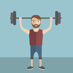 Vector illustration Hipster funny man lifting barbell with fitness attire inside the gym. Flat style