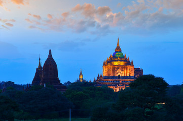 The silhouette Ancient temple on after sunset ,Bagan Mandalay Myanmar