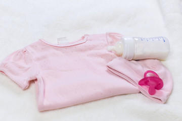 set of fashion trendy clothes and kids stuff for little baby girl