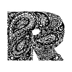 Letter R. Decorative Alphabet with a paisley zen doodle tattoo ornaments filling. Display font and numbers. Hand drawn letters in vintage style. Used for quote lettering.