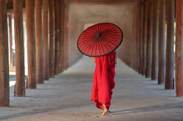 Monk walking on ancient temple,Bagan Myanmar