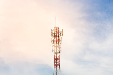Telecommunication tower with antennas with blue sky