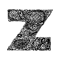 Letter Z. Decorative Alphabet with a paisley zen doodle tattoo ornaments filling. Display font and numbers. Hand drawn letters in vintage style. Used for quote lettering.