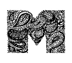 Letter M. Decorative Alphabet with a paisley zen doodle tattoo ornaments filling. Display font and numbers. Hand drawn letters in vintage style. Used for quote lettering.