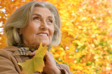 Beautiful middle-aged woman on the background of autumn leaves