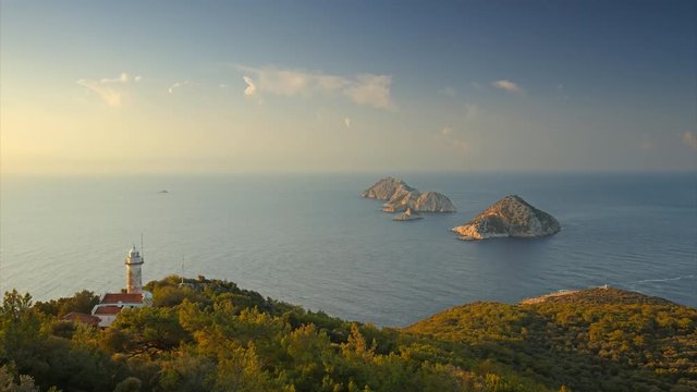 View from Lycian way to mediterranean sea, islands and light house. Time lapse
