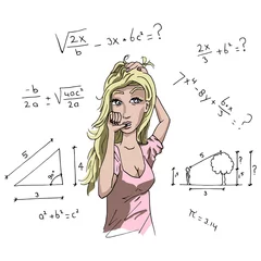 Foto auf Acrylglas Meisje met handen in het haar tijdens wiskunde toets © emieldelange
