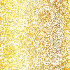 Floral doodle seamless wallpaper pattern. Illustration with paisley ornaments. Textile with hand-drawn flowers. Gold color.