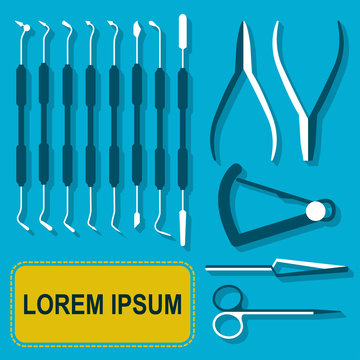 Dental tools Vector illustration Set of dental tools on blue background Flat design