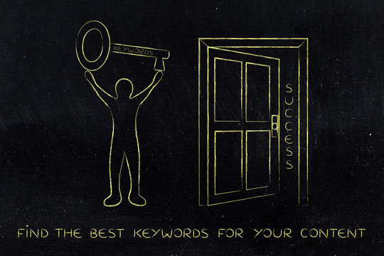 keywords opening the door to success, man holding huge key