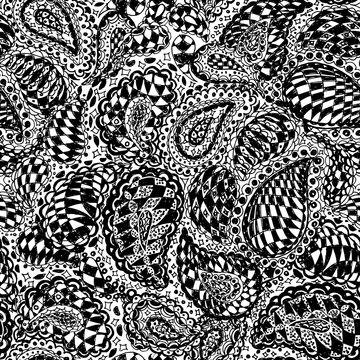 Geometric doodle seamless wallpaper pattern. Illustration with paisley ornaments and chess texture. Textile with hand-drawn checker elements. Black and white color. © ekaart