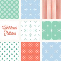 Christmas seamless pattern in vintage style, snowflakes, zigzag, polka dot on red background, christmas tree repeating on white background, circle