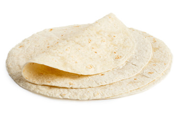 Stack of tortilla wraps and one folded wrap isolated on white. - obrazy, fototapety, plakaty