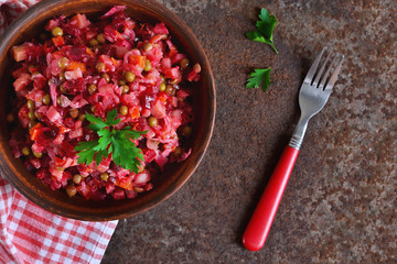 Traditional vegetable salad Ukrainian and Russian cuisine, vinai