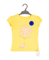 Yellow cotton t-shirt with flower and bird.