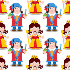 Seamless pattern with cartoon queen and prince.