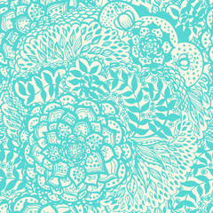 Floral doodle seamless wallpaper pattern. Illustration with paisley ornaments. Textile with hand-drawn flowers.