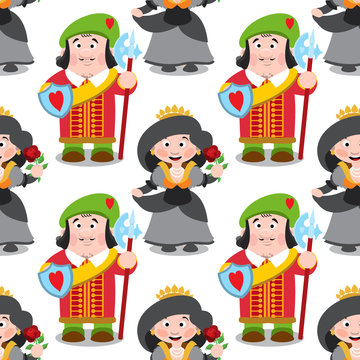 Seamless pattern with cartoon queen and prince.