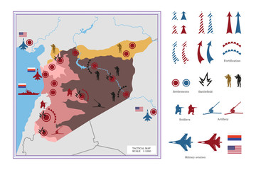 Military tactical map with icons. The conflict in Syria.