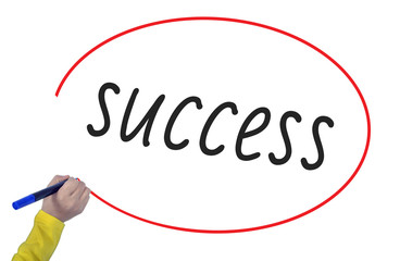 Women Hand writing success on white background. Business, techno