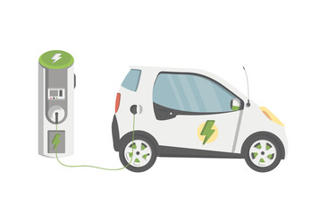 Flat Design of Electric car on charging station. Vector Electric car illustration.

