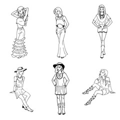 Sketch set beautiful girl in fashionable clothes