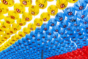 Hundreds of traditional paper Korean  lanterns at a temple