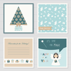 Christmas and New year greeting cards templates set. Golden and blue colors.