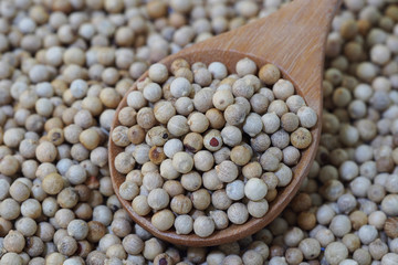 white pepper seeds in wooden spoon on wooden background