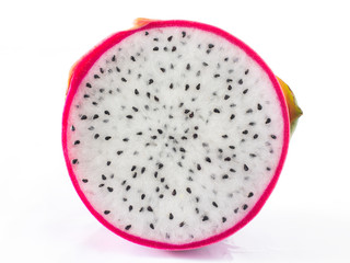 Dragon fruit cut in half, put on a white background