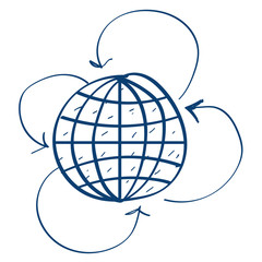 Globe and arrow icon. Design elements in hand drawn style.