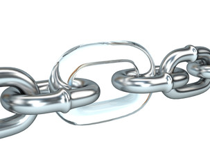 3D illustration of steel chain with a weak link in the glass. Bu
