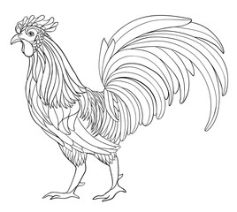Black and white rooster illustration.
