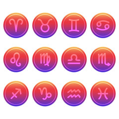 Set of twelve cute and colorful hand drawn zodiac signs on trendy gradient background.
