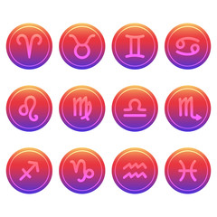 Set of twelve cute and colorful hand drawn zodiac signs on trendy gradient background.
