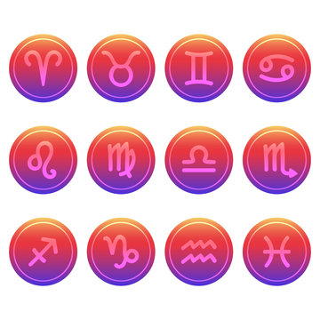Set of twelve cute and colorful hand drawn zodiac signs on trendy gradient background.
