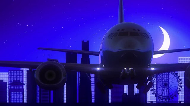 Yokohama Japan Airplane Take Off Moon Night Blue Skyline Travel